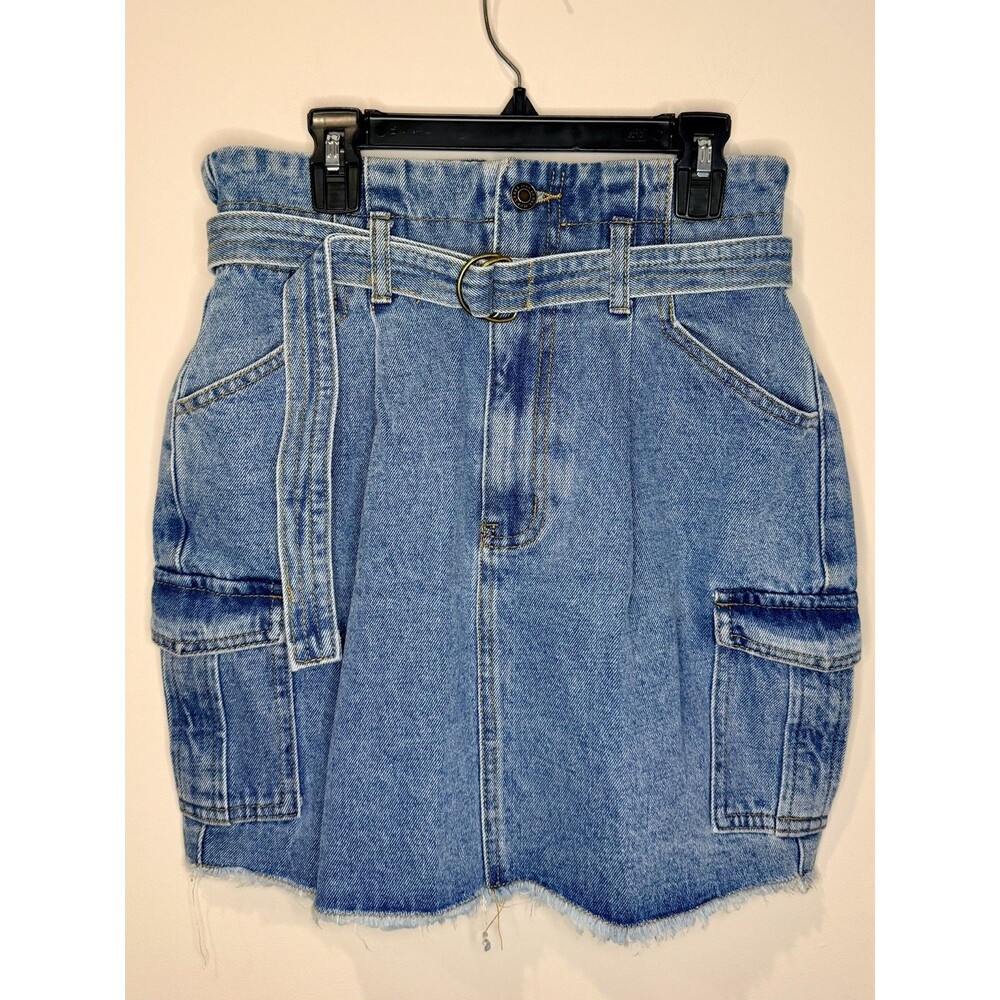 JLUXLABEL Light Blue Denim Mini Skirt with Belt